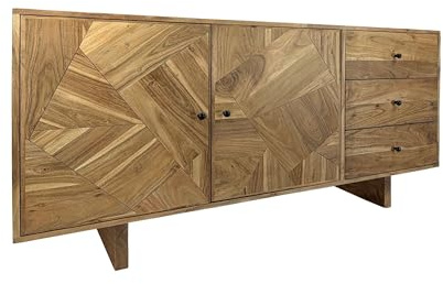 FineBuy Design Sideboard Akazie Massivholz 150 cm mit 2 Türen & 3 Schubladen - Massive Holz Kommode mit geometrischer Front handgefertigt - Echtholz Anrichte