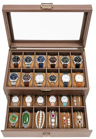 Scatola per orologi con 24 scomparti, 2 livelli, organizer per orologi con coperchio in vetro, valigetta per orologi con cuscino rimovibile, cofanetto per orologi di alta qualità, marrone, per uomini