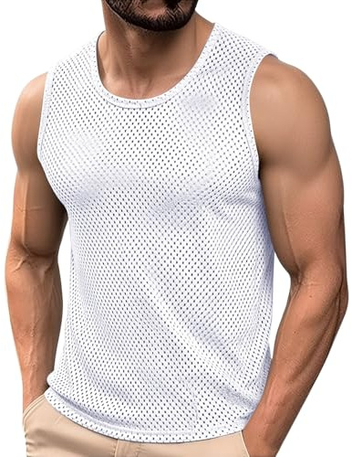 String Vests for Men UK Breathable Fishnet Top Summer Mesh Tank Tops Quick Dry Net Vest Casual Sleeveless Muscle fit T Shirt Solid Round Neck Fitness Sportshirt