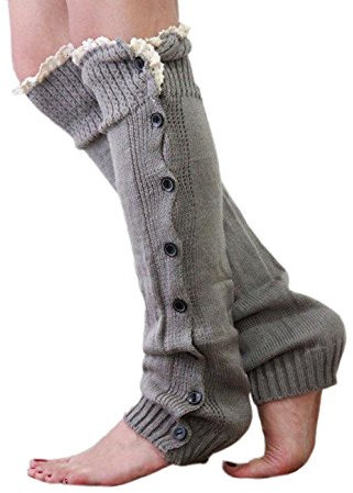 ACVIP Damen Gestrickt Beinstulpen Kniestrümpfe Winter Stiefel Socken mit Spitzen Knopf(Hellgrau)