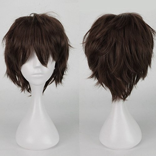 Unisex Short Cosplay Full Wigs Natural Layer Straight Hair Anime Costume Party Wig Fancy Dress for Women Men (Dark Brown)