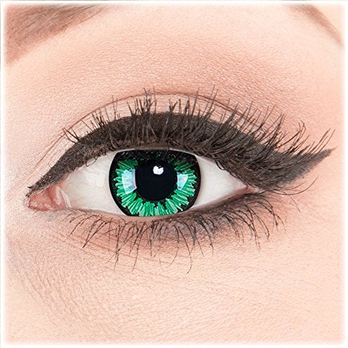 Farbige Kontaktlinsen zu Fasching Karneval Halloween 1 Paar Crazy Fun grüne schwarze 'Green Flower' mit Kombilösung (60ml) + Behälter in Topqualität von 'Glamlens' ohne Stärke