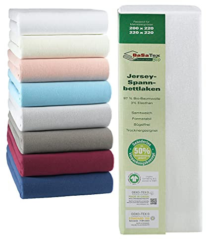 BaSaTex Bio Jersey Premium Spannbettlaken | Spennbetttuch für Wasserbetten und Boxspringbetten | 97% Baumwolle GOTS Zertifiziert + 3% Elasthan | 200x220-220x220 + 42cm Steghöhe | Farbe: Weiss