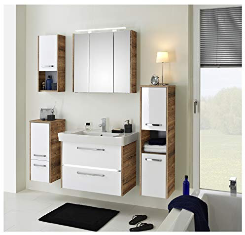 Pelipal - FOKUS 07-3050 - Badmöbel-Set - 80 cm - 6-teilig mit Spiegelschrank, Keramik-Waschtisch usw. in weiß Hochglanz/Eiche Ribbeck NB