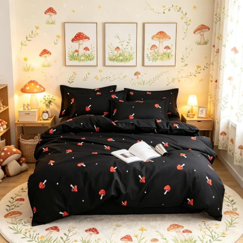 Loussiesd Mushroom Bedding Set King Size 3 Pieces Black Red Bedding Set Nature Themed Bedding & Linen with 2 Pillowcases Ultra Soft Lightweight Breathable Microfiber Bedspread Cover Zipper