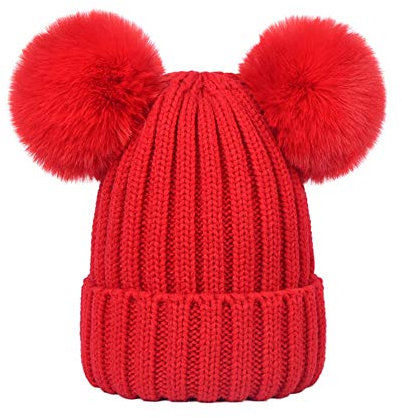 Damen Unisex Mütze Strickmütze Fellbommel Bommel Strick Mütze Winter-Mütze Bommelmütze mit 2 Bommeln (Rot,M: 36-60cm)
