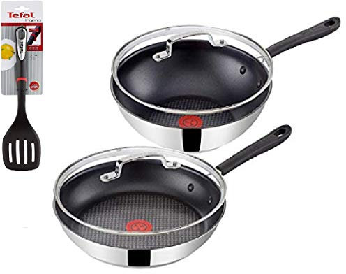 Tefal G435S6 Jamie Oliver Induktion Pfannenset 5-teilig 28cm Pfanne und Wokpfanne mit Glasdeckel + Pfannenwender, Antihaft Pfannen, Induktionsherd geeignet, Edelstahl, Integrierte Temperaturanzeige