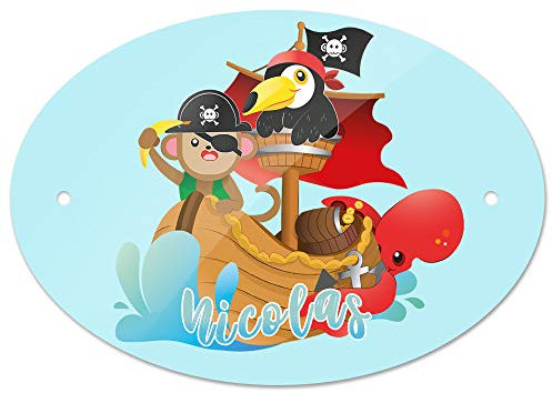 Eurofoto Türschild mit Namen Nicolas und Tier-Piraten-Motiv | Kinderzimmer-Schild