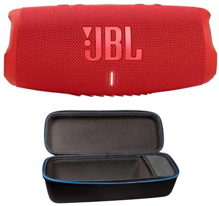 JBL Charge 5 - Altavoz Bluetooth inalámbrico portátil impermeable con divvi Funda rígida protectora - Rojo