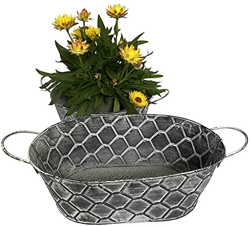 2 Blumentöpfe, Schalen aus Zink, Weiß, Silber im Vintage Design - Garten Blumentopf Set (Rund & Oval P41)