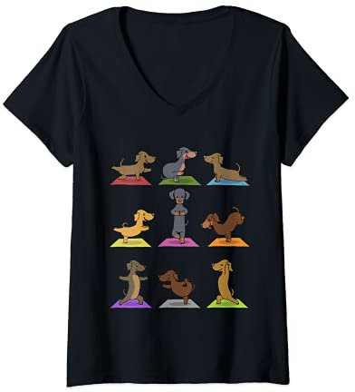 Damen Dackel Yoga T-Shirt mit V-Ausschnitt