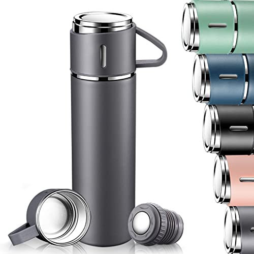 Thermosflasche 500ml mit Becher und Griff, Trinkflasche Edelstahl, Auslaufsichere Isolierflasche für Heiß und Kalt, Vakuum Thermoflasche für Unterwegs, Arbeit, Schule, Sport, Kinder, Baby, Grau