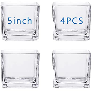 Jarrones Cuadrados de Cristal Transparente de 5 x 5 Pulgadas, 4 Piezas para Centro de Mesa de Boda, portavelas, decoración del hogar, jarrón de Flores de Forma Cuadrada, centros de Mesa