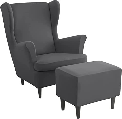 Ohrensessel überzug mit Hocker Bezug, 2 Teilig Sessel-Überwürfe+1 Teilig Ottomane Schonbezug, Beige/Grün/Rosa/Blau Ohrensessel Schonbezüge Sesselhusse Stretch Tiger Stuhlbezug mit Armlehne ( Color : #