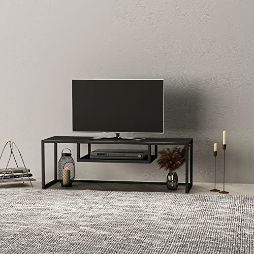 [en.casa] Mueble de Salón Mesa de TV Diseño Industrial con Estante Central para DVD Consolas de Videojuegos Metal 120 x 40 x 40 cm - Negro