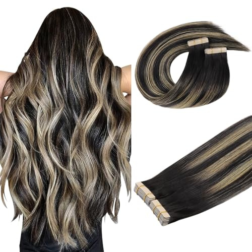 DOORES Extensions Echthaar Tape in, Balayage Natürliches Schwarz bis Hellblond 40cm (16zoll) 100g 40pcs, Echthaar Tape Extensions Blond Remy Haar Full Thick Ends Haarteil Für Unsichtbare