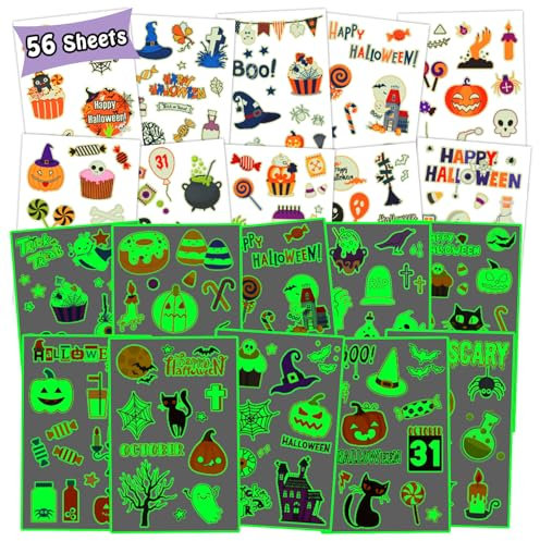 Leesgel Halloween Tattoo Kinder, 580pcs Leuchtende Kinder Tattoos für Halloween Deko, Halloween Süßigkeiten/Kürbis/Spinne Gesicht Tattoo Aufkleber Party Tasche Füller Spiele Halloween Dekoration