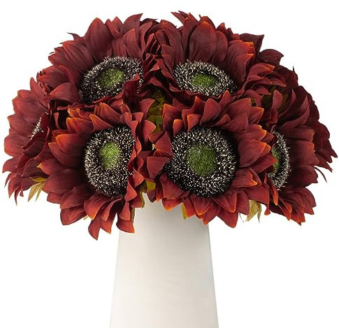 DuHouse 12pcs Artificial Sunflowers with Long Stems 12cm Silk Sunflowers Bulk for Wedding Home Garden Outdoor Party Decoration(Red)