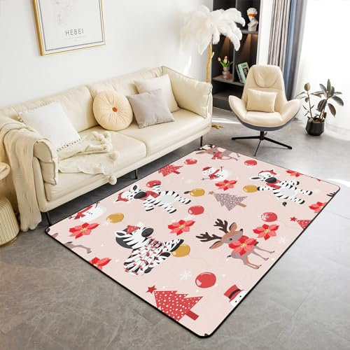 Homemissing Rose Noël Noël Cerf Elk Tapis Salon 100x150cm Tapis Exterieur pour Enfants Zebra Tapis d'extérieur Convient pour Salon Cuisine et Balcon Animaux Thèmes Tapis Chambre