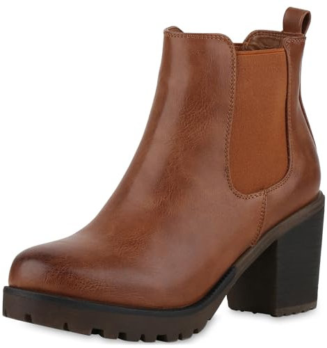 VAN HILL Damen Chelsea Boots Leicht Gefütterte Stiefeletten Blockabsatz Plateau Schuhe Profilsohle High Heels Leder Optik Booties 611522 Hellbraun 40