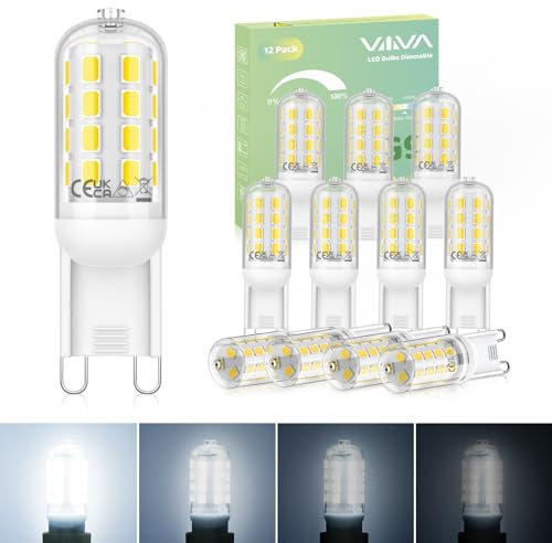VIIIVA G9 LED Light Bulbs Dimmable 5W-12Pcs, Cool White 6000K, 500LM, Equivalent to 45W G9 Halogen Bulb, Energy Saving Bulb, CRI>80, 360° Beam Angle, No Flicker, for Home Lighting, Crystal Chandelier