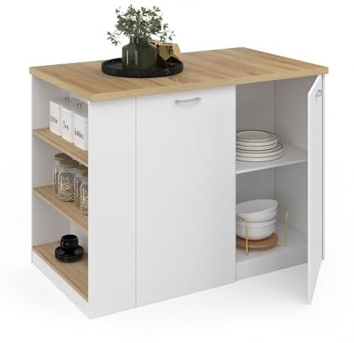 IDMarket – Ilot central TIBO 120 cm madera blanca con encimera de haya