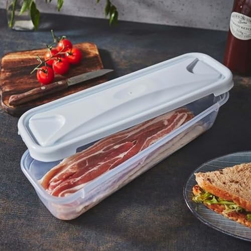 Shop4allsorts 3 x 1.2L Bacon Storage Box Slim Food Tub Clear With White Lid Food Storage Container 30cm