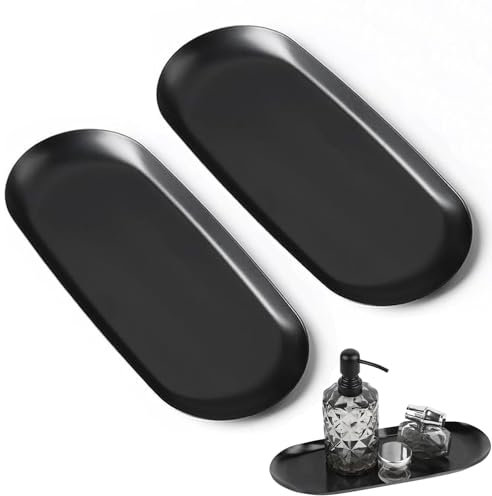 2 Pièces Plateau Noir Plateau Noir Métal Plateau Noir métal pour Dessert Plateau de Rangement Ovale en Acier Inoxydable pour Dessert, Cosmétiques, Bijoux, Parfums