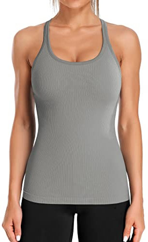 Attraco Damen Tanktop Workout mit Built-in BH Yoga Racerback Tank Top Sport Top Nahtlos Atmungsaktives Shirts Sportshirt Training Jogging Running Shirt Grau S