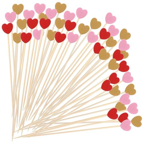 Amabro Lot de 100 pics à cocktail en bambou fantaisie en forme de cœur - 11,9 cm - Pour apéritifs, charcuterie, mignonnes brochettes en forme de cœur, décorations pour cupcakes, assiettes de fruits,