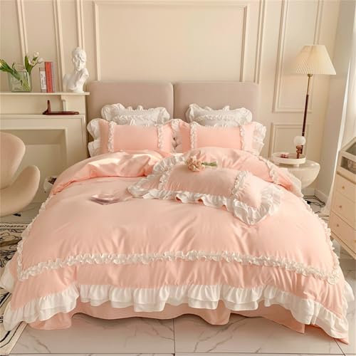 Schicke Spitzen-Bettwäsche, ästhetisches Bettwäsche-Set für Mädchen, niedlicher Prinzessinnen-Stil, gerüschter Bettbezug mit 3 Schichten Rüschen, Reißverschluss, Rosa, Doppelbett