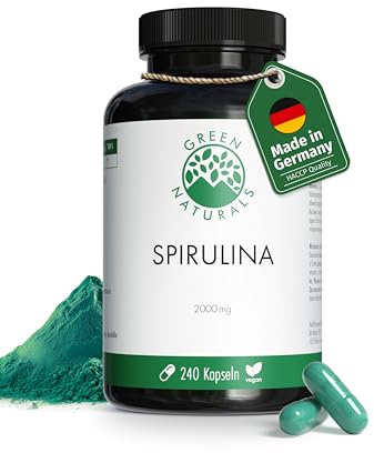 Espirulina 2000 mg - Altamente dosificadas: 2000mg de espirulina pura en polvo al día - Suministro para 2 meses - Sin aditivos, vegano y producido en Alemania - 240 cápsulas - Green Naturals®
