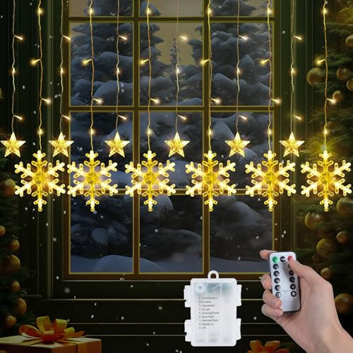 Qoosea Cortina de Luces 126LED Copos de Nieve Estrellas 8 Modos Guirnalda Luces de Navidad Luces de Cortina Funciona con Pilas Luces Cadena de Ventana Interior Impermeable para Decoración de Navidad