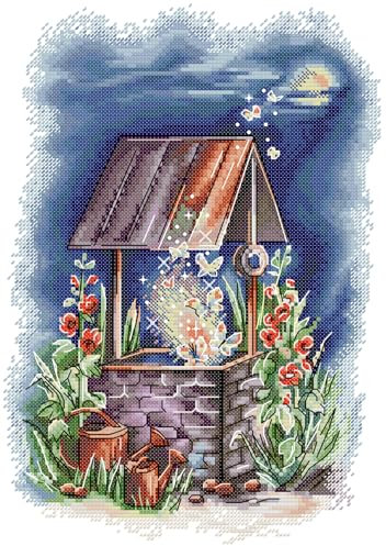 Amiiba Kit de broderie au point de croix pré-imprimé pour adultes, XXXX 11 ct – Kit de broderie estampillé 40 x 50 cm – Décoration murale à faire soi-même pour débutants et enfants (Puits magique)