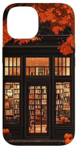 iPhone 14 Vintage Bookstore Pumpkins Autumn Leaves Halloween Bookworm Case