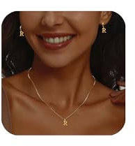 Hernin Kette Buchstabe Gold für Damen Vergoldete Buchstaben Halskette Damen Golden Kette mit Buchstaben A-Z Initial Halskette mit Ohrstecker Geschenke für Frauen Mädchen (Gold #R)