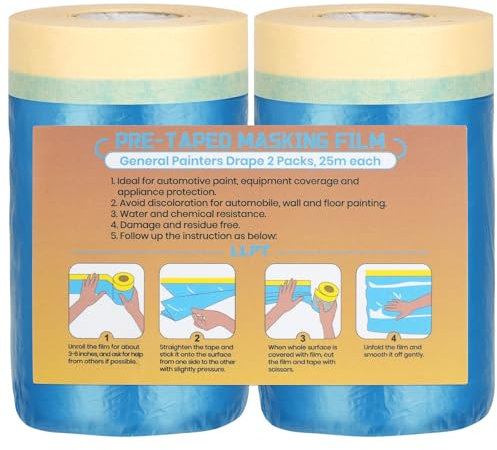 LLPT Tape and Drape Pre-Taped Masking Film | 2 Rolls | Self-Adhesive Painting Drop Film | Plastic Dust Sheets for Decorating, Cars Painting| (CMF55) | 55cm(Unfolded) x 25m