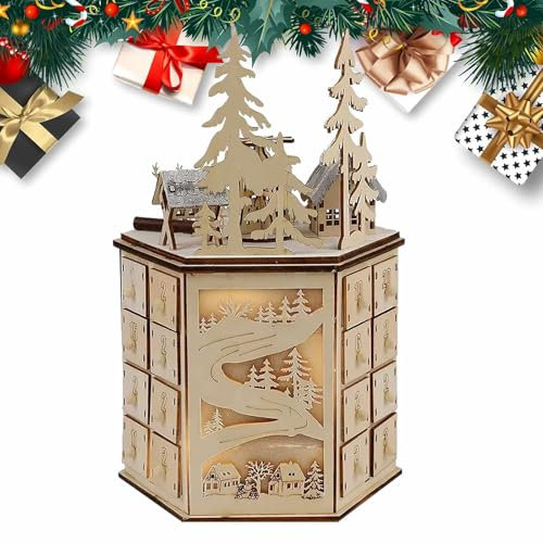 Holz Adventskalender Holz Adventskalender mit 24 Schubladen LED Beleuchtet Weihnachten Adventskalender mit Musik Leerer Adventskalender zum Selbstbefüllen Countdown Feiertagsgeschenke