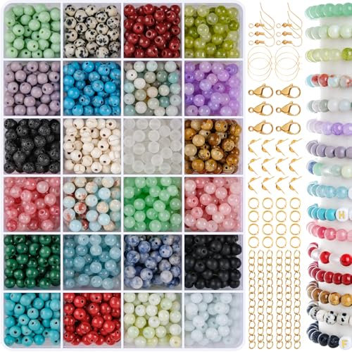 EUES Juego de cuentas de 6 mm para pulseras para manualidades, 24 colores, redondas, coloridas, cuentas, perlas de cristal, piedras preciosas con agujero, cristales para enhebrar para manualidades,
