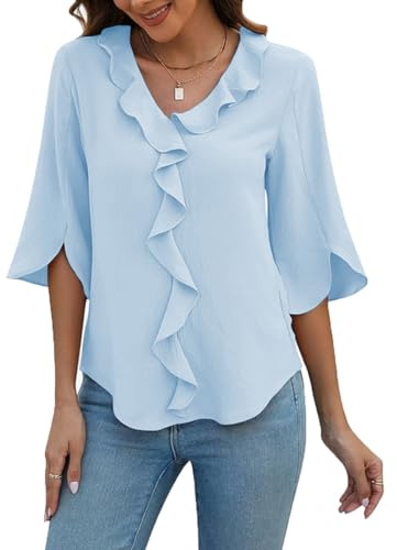 ABINGOO Femmes Chemisier Tunique Élégant Col en V 3/4 Manches Mousseline Blouse Couleur Unie Travail T-Shirt Casual Tops(Bleu,XXL)