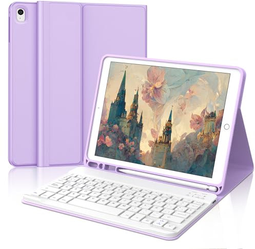 IVEOPPE Funda Teclado para iPad 9/8/7 generacion 10.2/Air 3 10.5/Pro 10.5, Teclado Español Ñ QWERTY Bluetooth Desmontable para iPad 2021/2020/2019, Morado