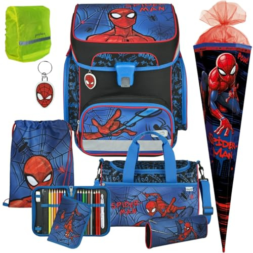 Pridera Scooli Schulranzen Jungen 1.Klasse EasyFit (8tlg. Set mit Sporttasche, passend dazu Schultüte Regenhülle gratis Spider-Man)