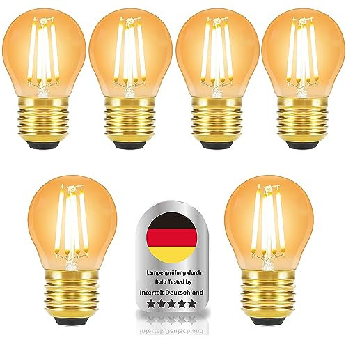 Wenscha Vintage glühbirne E27 led warmweiss G45 bulbs 6er-Set – 4W retro bernstein e27 filament glühbirnen 2400K Goldfarbener Stecker im Glasgehäuse lampe (nicht dimmbar)