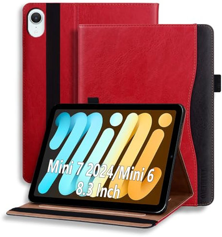 ONETHEFUL Custodia per iPad mini (A17 Pro, Modello 2024 7a Generazione) / mini 6 (Modello 2021 6a Generazione) PU Pelle Affari Folio Protettiva Cover Tablet con Portapenne & Tasca Rosso