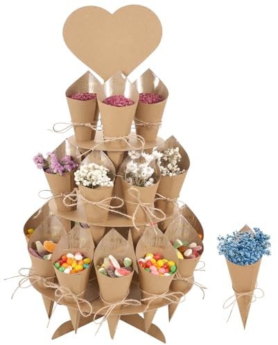 JANUIXCO Hochzeit Kraftpapier Kegel - 24 Stück Konfetti Hochzeit Spitztüten mit Kegelhalter - Vintage Dekoration Für Blumenkonfetti, Süßigkeiten, Blütenblätter (Braun)