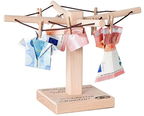 Casa Vivente Wäsche-Spinne aus Holz mit Gravur zur Hochzeit, Bleibt Einander Stets Verbunden, Motiv Ringe, Verpackung für Geldgeschenke, Hochzeitsgeschenk, ca. 20 x 12 cm