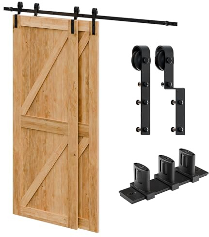 Schiebetürbeschlag Bypass Doppeltür 304cm Schiebetür Schiene System komplettset mit Bodenführung Schwarz für 2 Holztür 142cm Breit