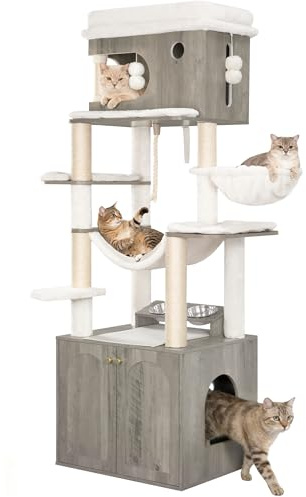 Hzuaneri Kratzbaum, Katzenbaum mit Katzenklo Schrank, 176 cm Hoch, Greige | Futterstation, 176 cm Hoch, mit großer Plattform, Sisalseil, Hängematte, Waschbares Kissen, Plüschbälle, CB89105WT