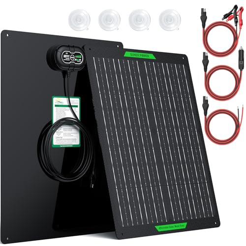 SUNER POWER - Cargador de batería solar impermeable de 50 W y 12 V PRO, driver de carga MPPT ultra inteligente integrado, kits de carga de 12 voltios de panel solar para coche, automóvil, barco