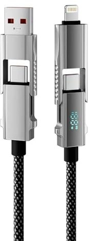 SJACXANM 65W Cable USB Multi Embout, 4 En 1 Cable Multi Chargeur Avec LED RVB, Chargeur Combiné Avec Ports Lightning/Type-C/USB-A, Compatible Avec iPhone 16/15/14, Galaxy 24/23, Huawei (1.2m)